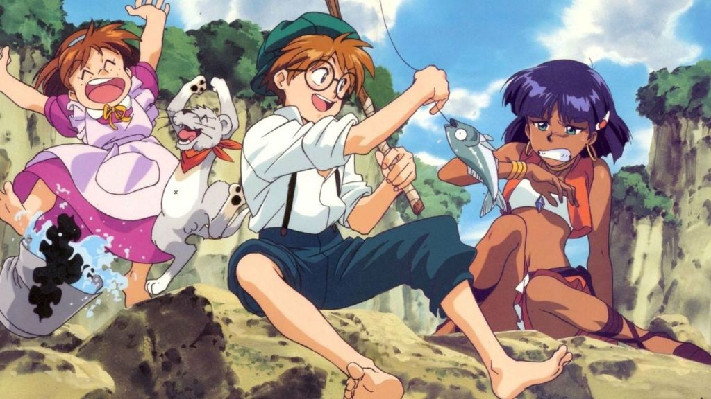Nadia: The Secret of Blue Water  characters catching fish together 