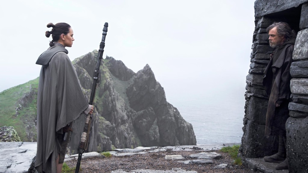 Rey (Daisy Ridley) and Luke Skywalker (Mark Hamill) in Star Wars The Last Jedi