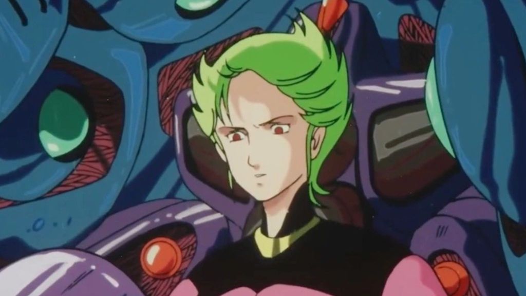  Round Vernian Vifam character with green hair and giant mecha in the background