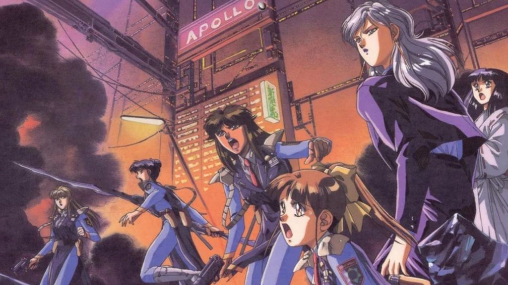 Silent Mobius characters in a choatic setting, yellow texture background