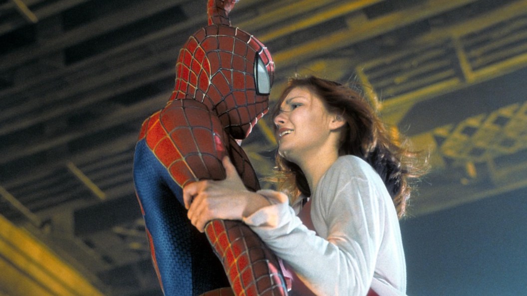 Spider-Man and MJ hanging from web in Spider-Man 2002