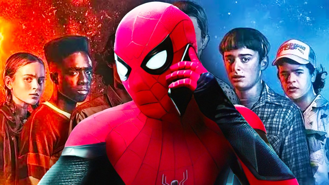 Spider-Man on the phone with the Stranger Things cast