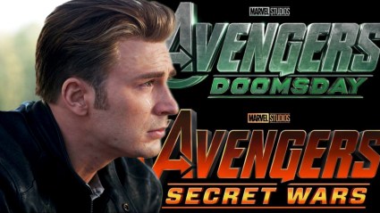 Steve Rogers (Chris Evans) crying in Avengers Endgame, alongside the Doomsday and Secret Wars logos