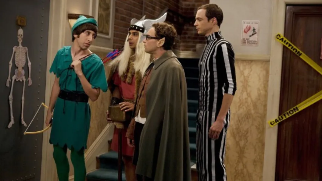 The gang outside one of the apartments dressed up for Halloween on The Big Bang Theory
