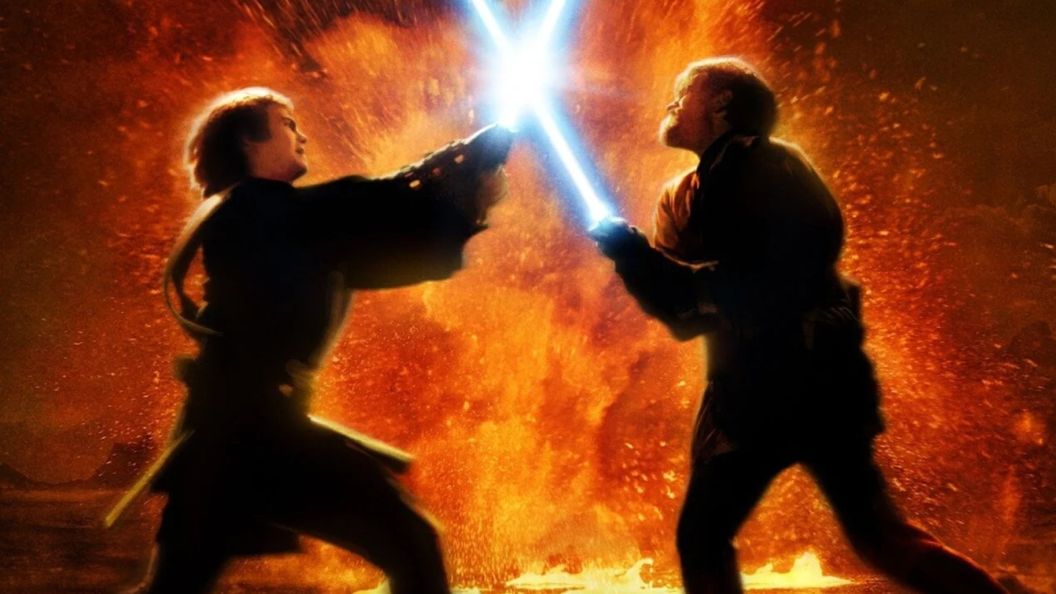 Anakin and Obi-Wan fighting.
