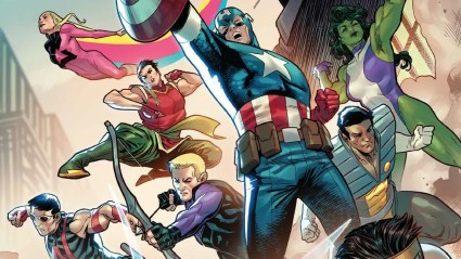 A lineup of Avengers led by Captain America in Marvel Comics