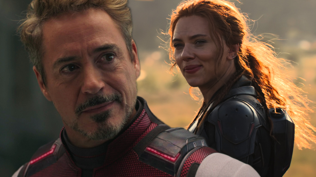 Split image of Robert Downey Jr. as Tony Stark and Scarlett Johansson as Black Widow in the MCU
