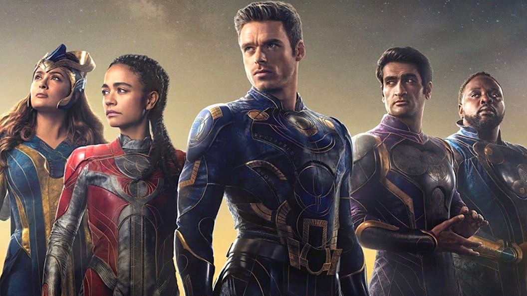 Eternals poster with Ajak, Makkari, Ikaris, Kingo, and Phastos