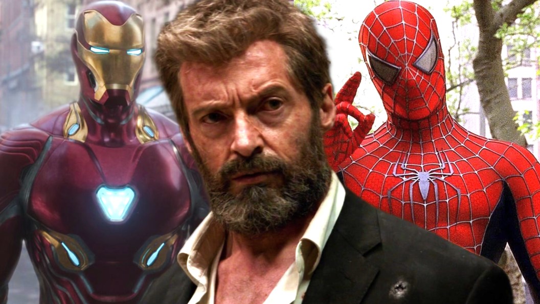 A split image of Iron Man in Avengers: Endgame, Logan in Logan, and Spider-Man in Spider-Man 2