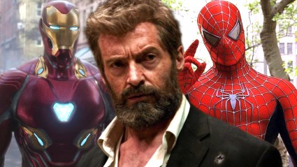 A split image of Iron Man in Avengers: Endgame, Logan in Logan, and Spider-Man in Spider-Man 2