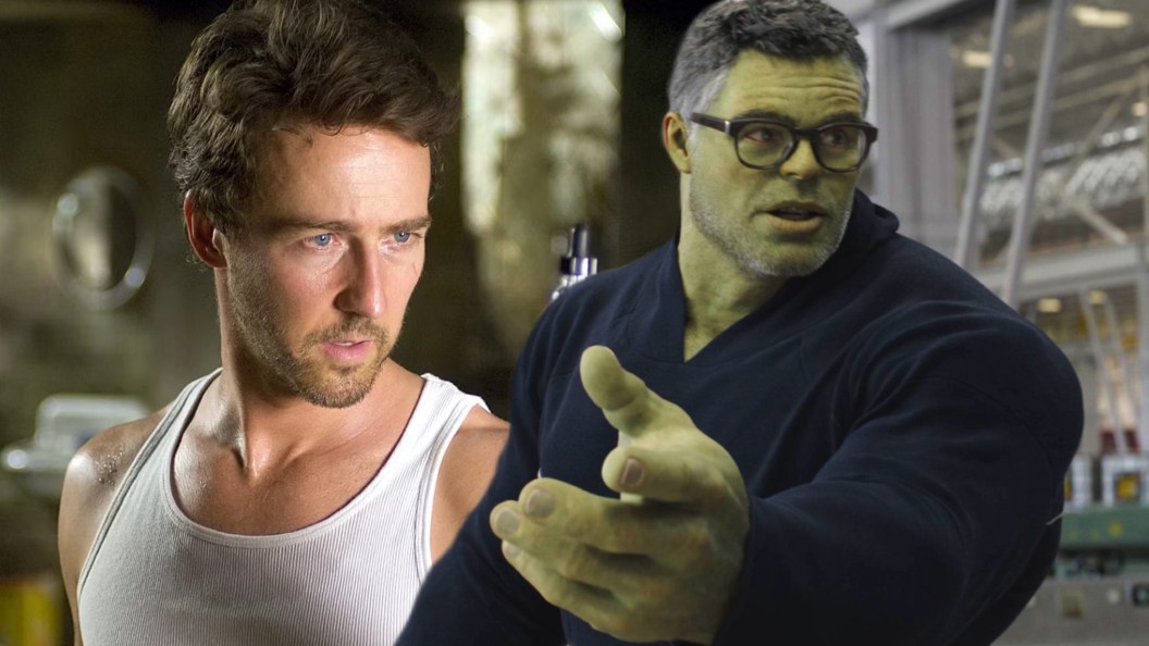 Split image of Edward Norton as Bruce Banner in The Incredible Hulk and Mark Ruffalo as Professor Hulk in Avengers: Endgame