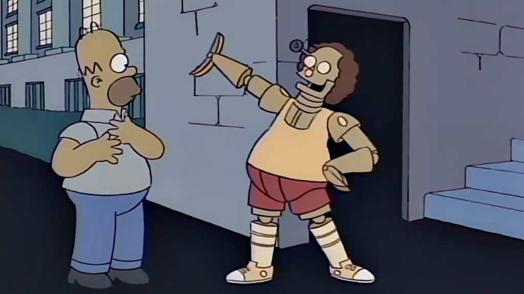 Homer talking to a Richard Simmons robot in The Simpsons