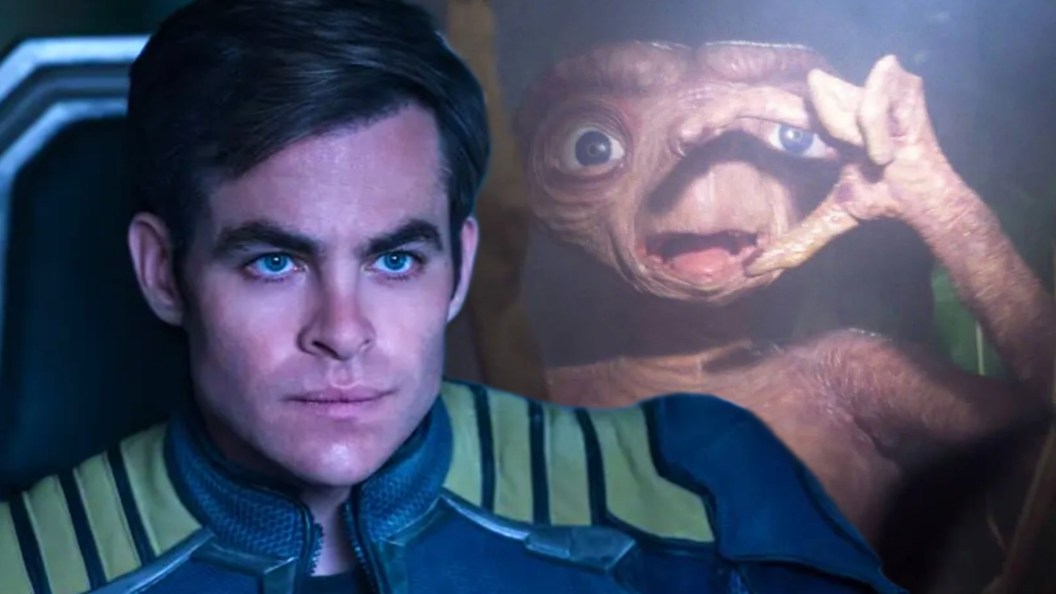 A split image of Chris Pine as Captain Kirk and E.T.