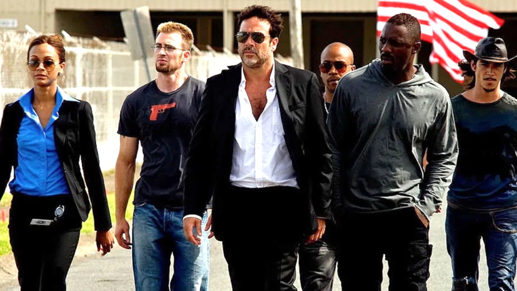 Zoe Saldana, Chris Evans, Jeffrey Dean Morgan, and Idris Elba in The Losers (2010)