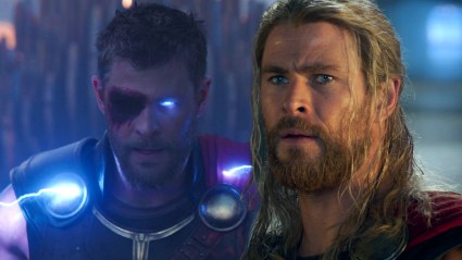 Split image of Thor in Thor: Ragnarok using his powers and looking on in disbelief