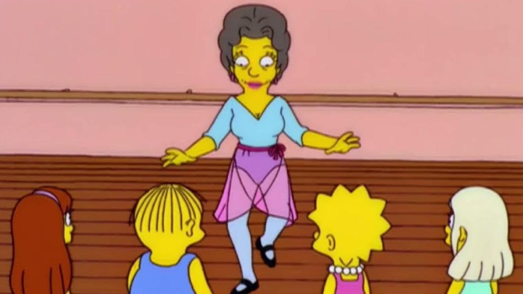 Vicki Valentine teaching a dance class in The Simpsons