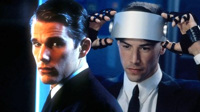 Split image of Ethan Hawke in Gattaca and Keanu Reeves in Johnny Mnemonic