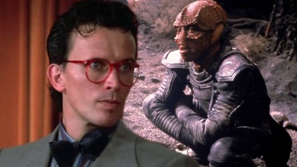 Split image with Peter Weller as Buckaroo Banzai and an alien in Enemy Mine