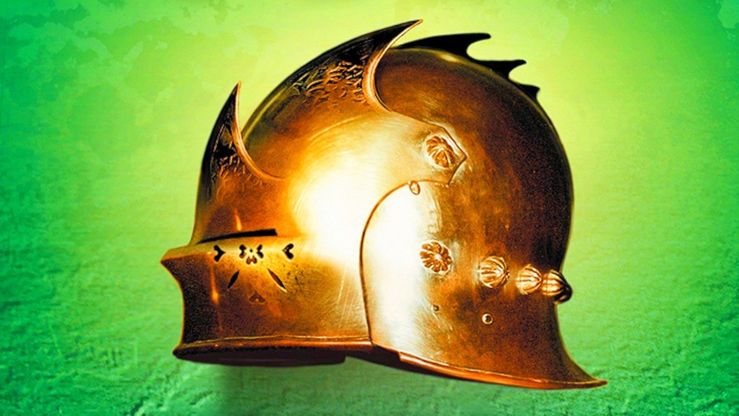 The cropped cover of A Storm of Swords by George R.R. Martin featuring a golden helmet and green background