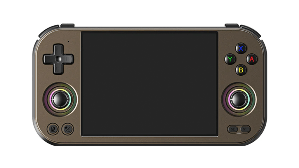 An ANBERNIC RG477M in a bronze color.