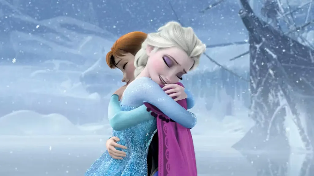 Elsa and Anna hugging in Frozen