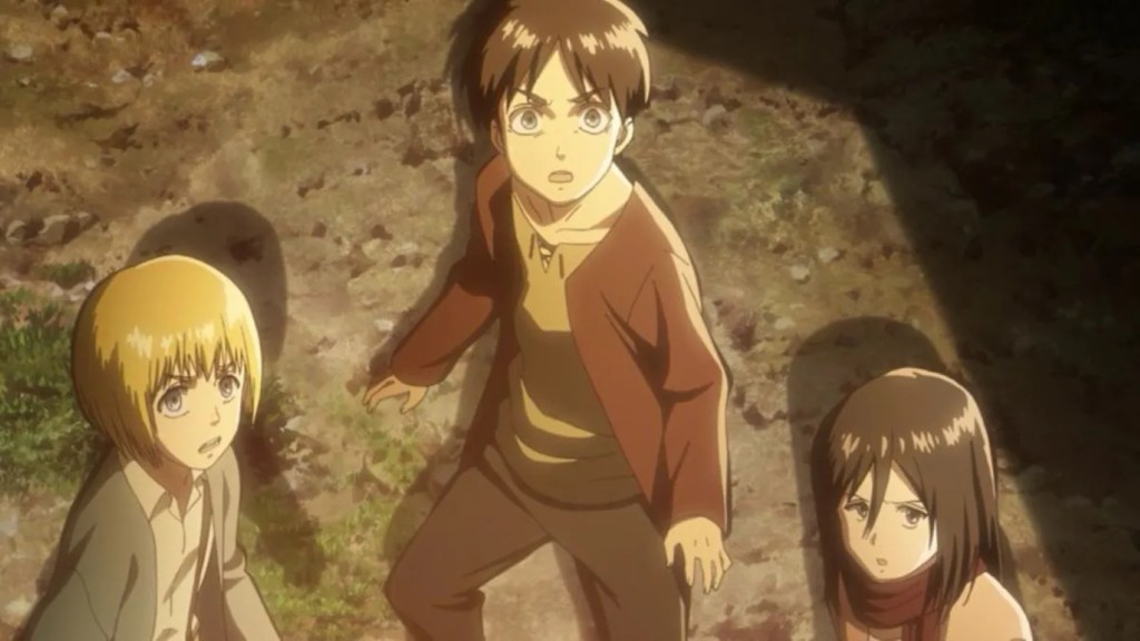 Armin, Eren, and Mikasa looking up surprised in Attack on Titan episode 1