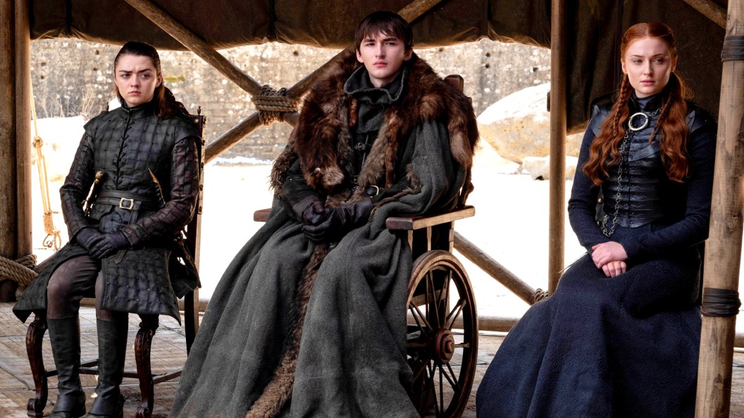 Arya (Maisie Williams), Bran (Isaac Hempstead Wright), and Sansa Stark (Sophie Turner) in Game of Thrones Season 8, Episode 6