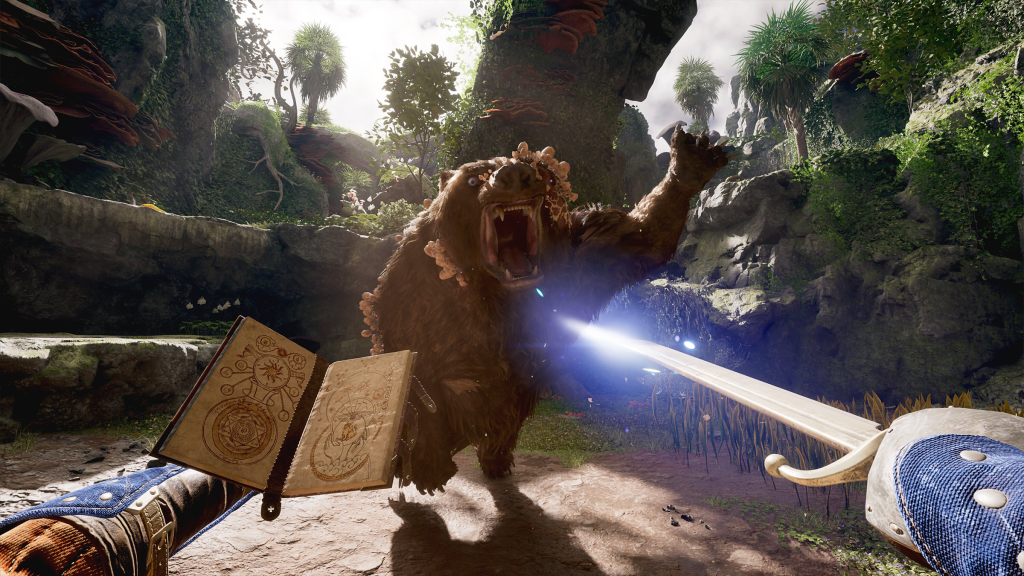 The player fights off a diseased bear while holding a sword and spell book in Avowed