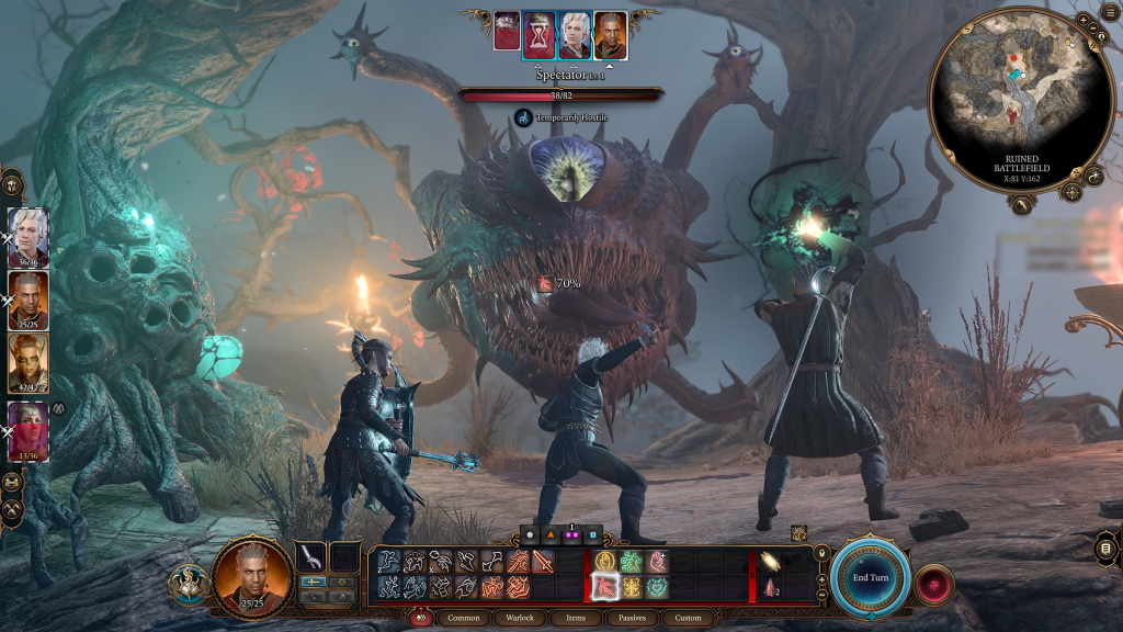 Three player characters face off against a Beholder in Baldur's Gate 3.