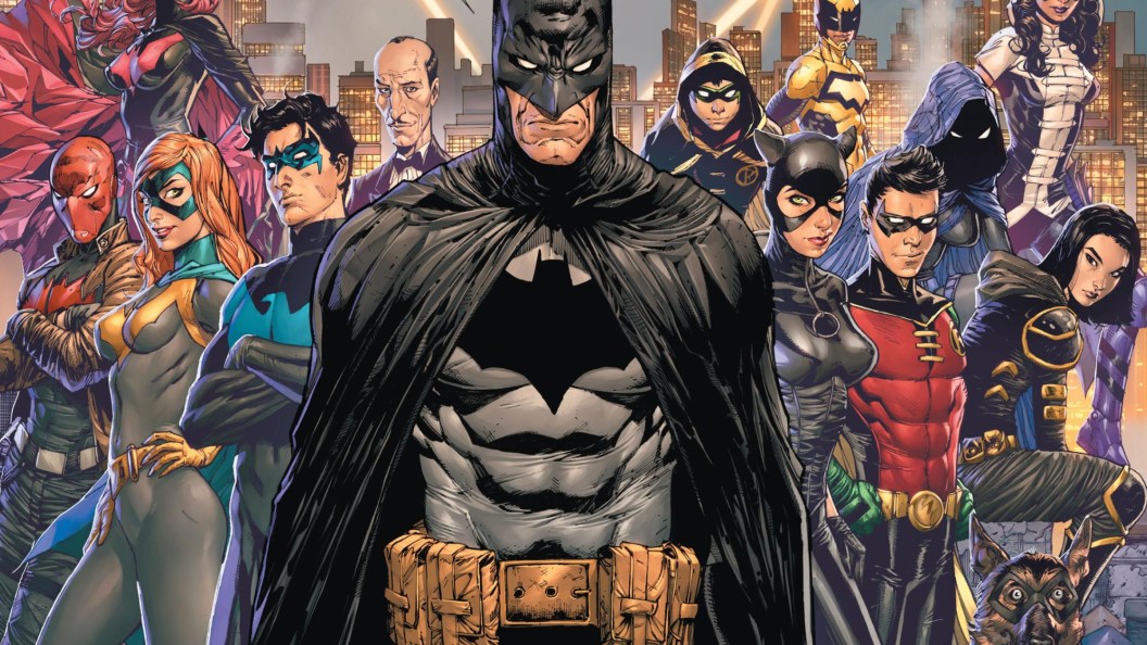 Batman Standing with the Entire Bat-Family