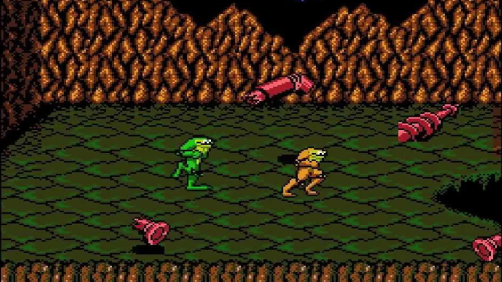 A screenshot of Tradewest's Battletoads for the Nintendo Entertainment System, showing two player characters running through a stage.
