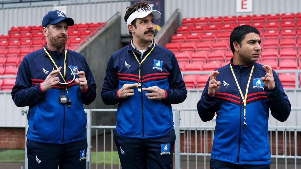 Brendan Hunt, Jason Sudeikis, and Nick Mohammed in Ted Lasso