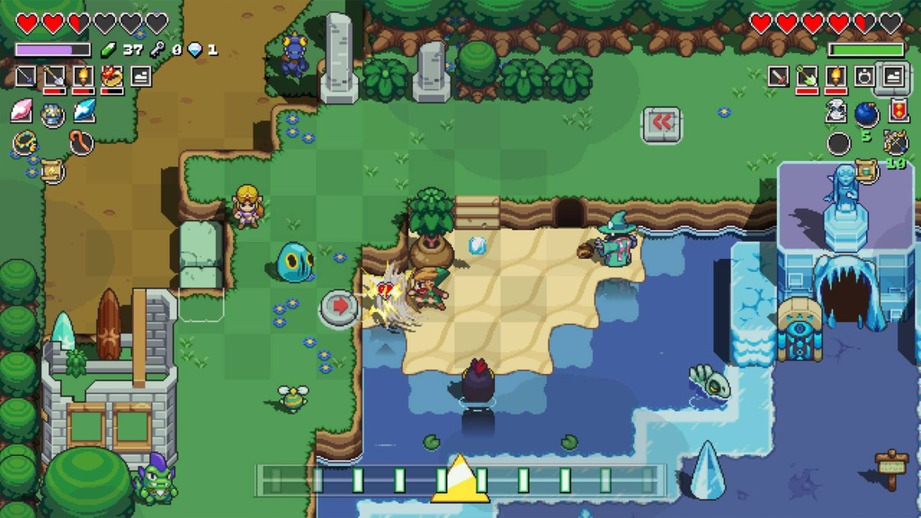 A screenshot from Cadence of Hyrule, showing the game map with Link taking on an enemy.