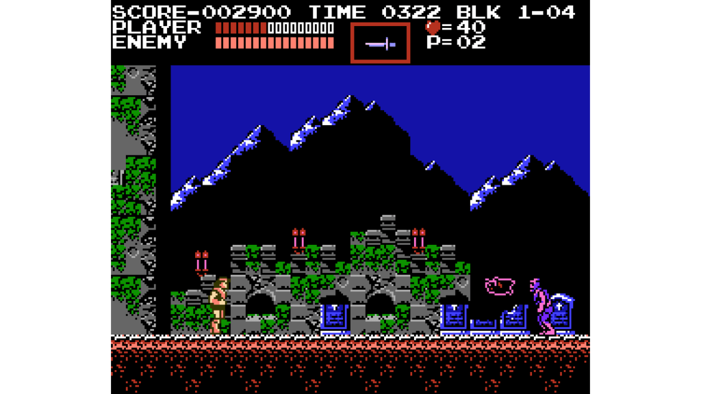 A screenshot from Castlevania III: Dracula’s Curse on the Nintendo Entertainment System.
