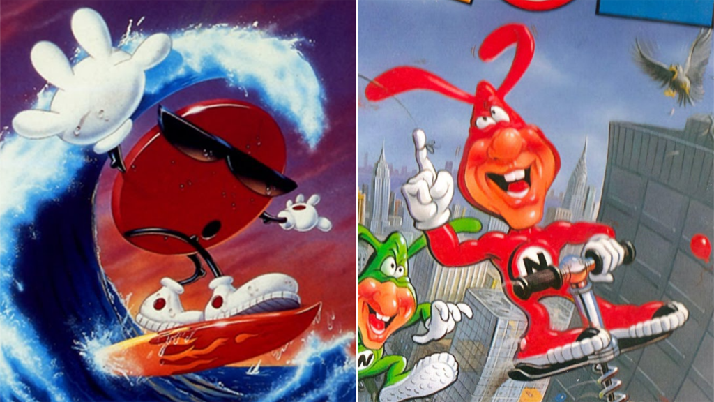Cool Spot surfing and the Noid jumping on a pogo stick through a city.
