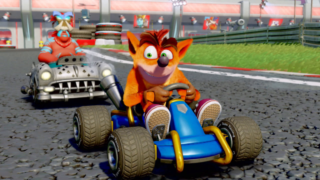 A screenshot from Crash Team Racing Nitro-Fueled, showing Crash Bandicoot in the lead.