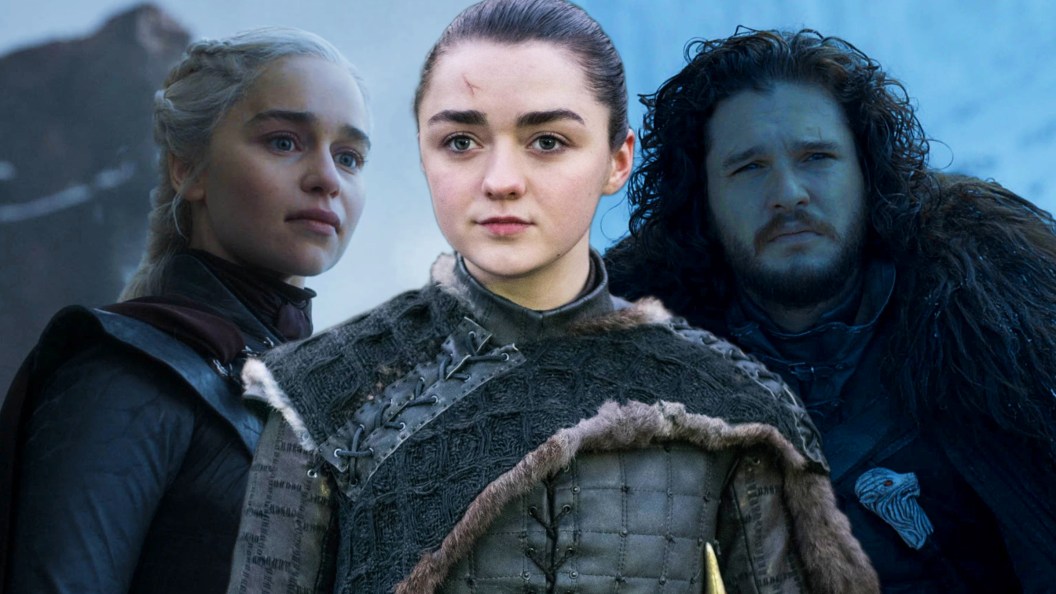 Daenerys Targaryen (Emilia Clarke), Arya Stark (Maisie Williams), and Jon Snow (Kit Harington) in Game of Thrones Season 8