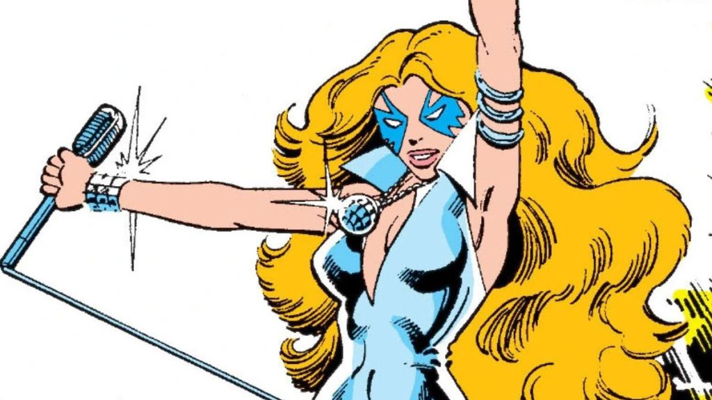 Dazzler holding a concert and microphone