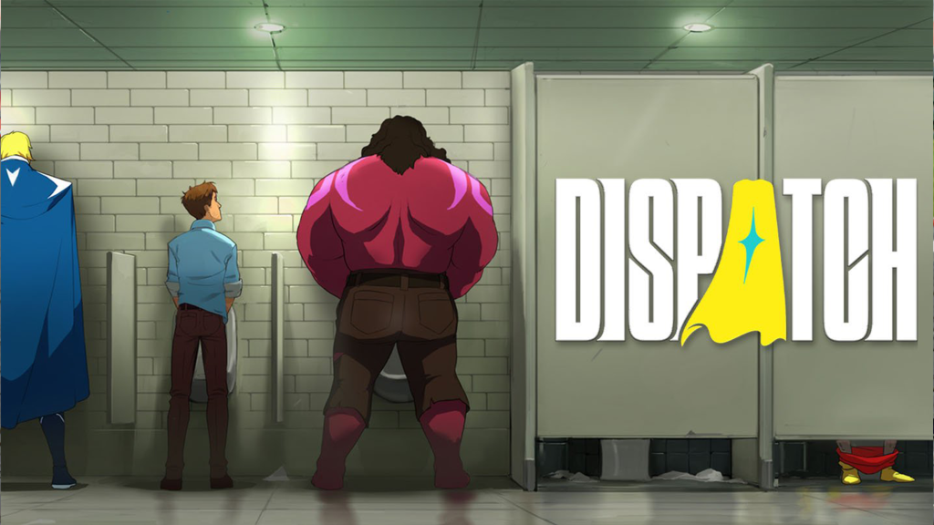 Promotional art for Dispatch, showing characters in the bathroom with the game's logo emblazoned across two stalls.