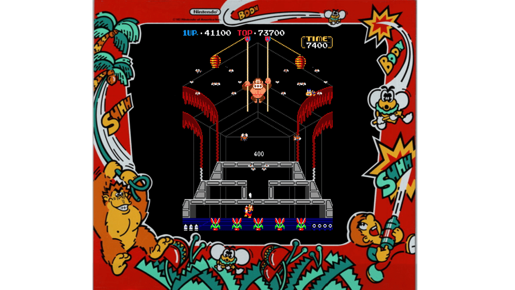 A screenshot from Donkey Kong 3 with its arcade bezel art.