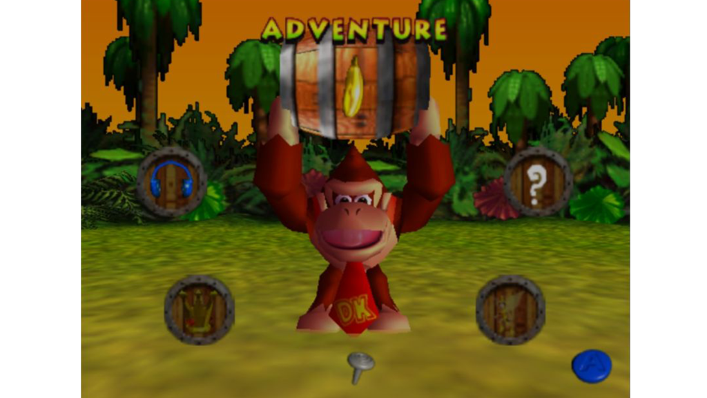 A screenshot from Donkey Kong 64, showing Donkey Kong holding a barrel over his head.