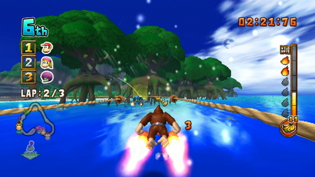 A screenshot from Donkey Kong Barrel Blast, showing Donkey Kong racing across the water.