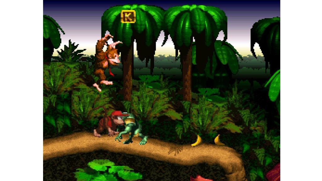 A screenshot from Donkey Kong Country, showing Donkey Kong and Diddy Kong running through a jungle level.