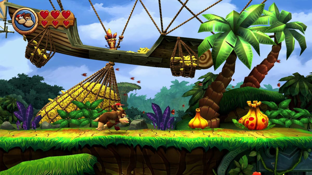 A screenshot from Donkey Kong Country Returns, showing Donkey Kong carrying Diddy Kong through a jungle.