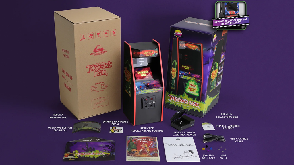 New Wave Toys' Dragon's Lair mini arcade cabinet showing the boxes and all of the accessories included.