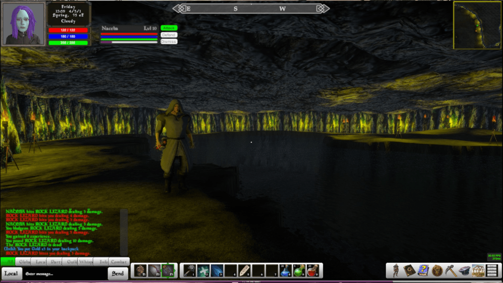 A screenshot from DreamScape Dimensions, showing a cloaked figure inside of a cave.