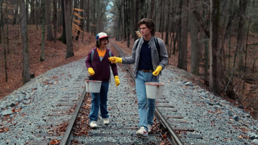 Dustin and Steve walking on train tracks in Stranger Things Season 2