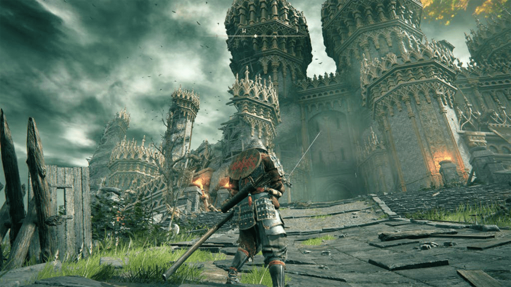 A screenshot from Elden Ring, showing the player character in front of a large castle.