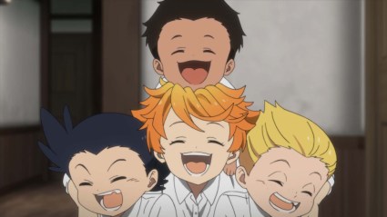Emma and the other orphans smiling in The Promised Neverland