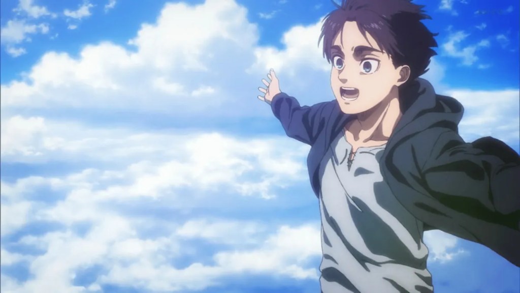 Young Eren holding his arms out and smiling in Attack on Titan